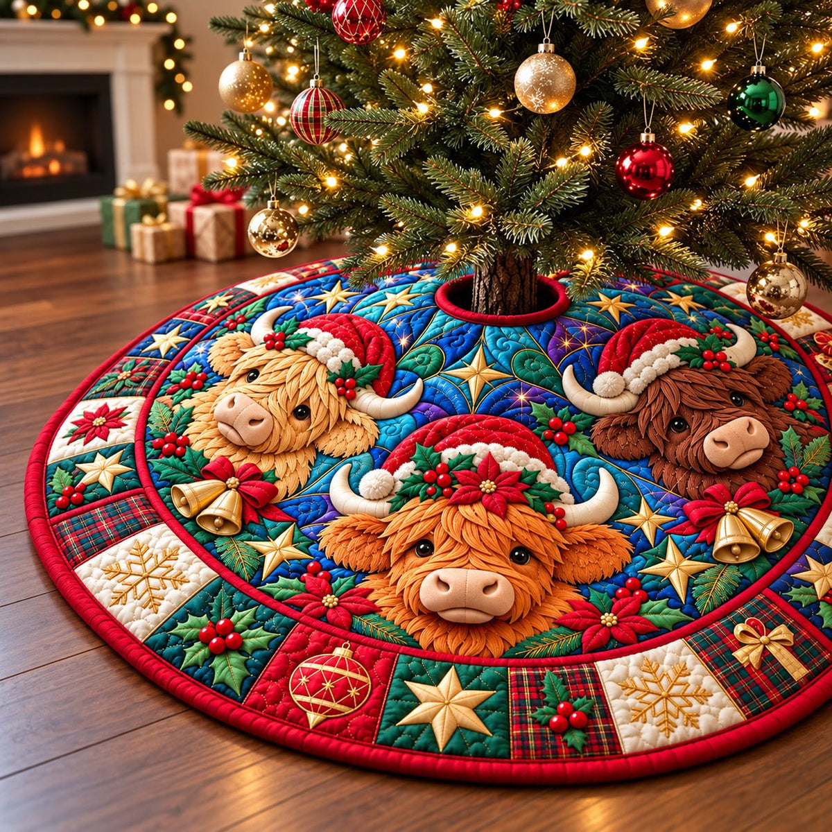 Christmas Highland Cow Wishes Christmas Tree Skirt