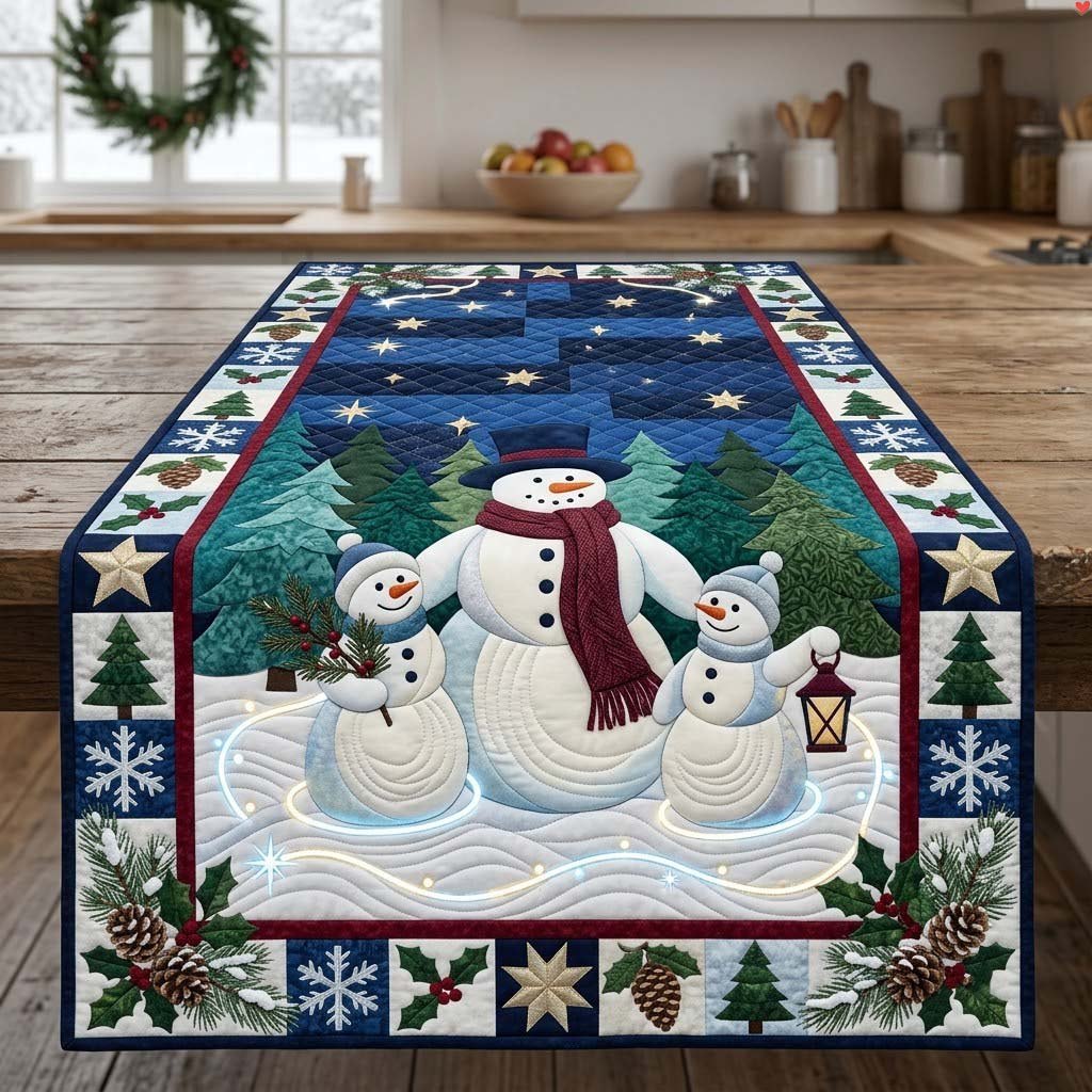 Snowman Family in a Pine Forest Table Runner