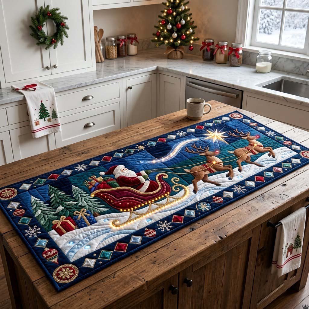 Santa Sleigh and Reindeer at Night Table Runner
