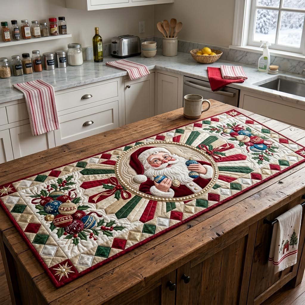 Santa Portrait in a Holly Medallion Table Runner
