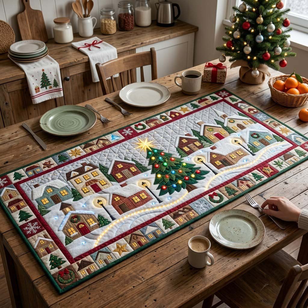 Snowy Village with a Lit Christmas Tree Table Runner