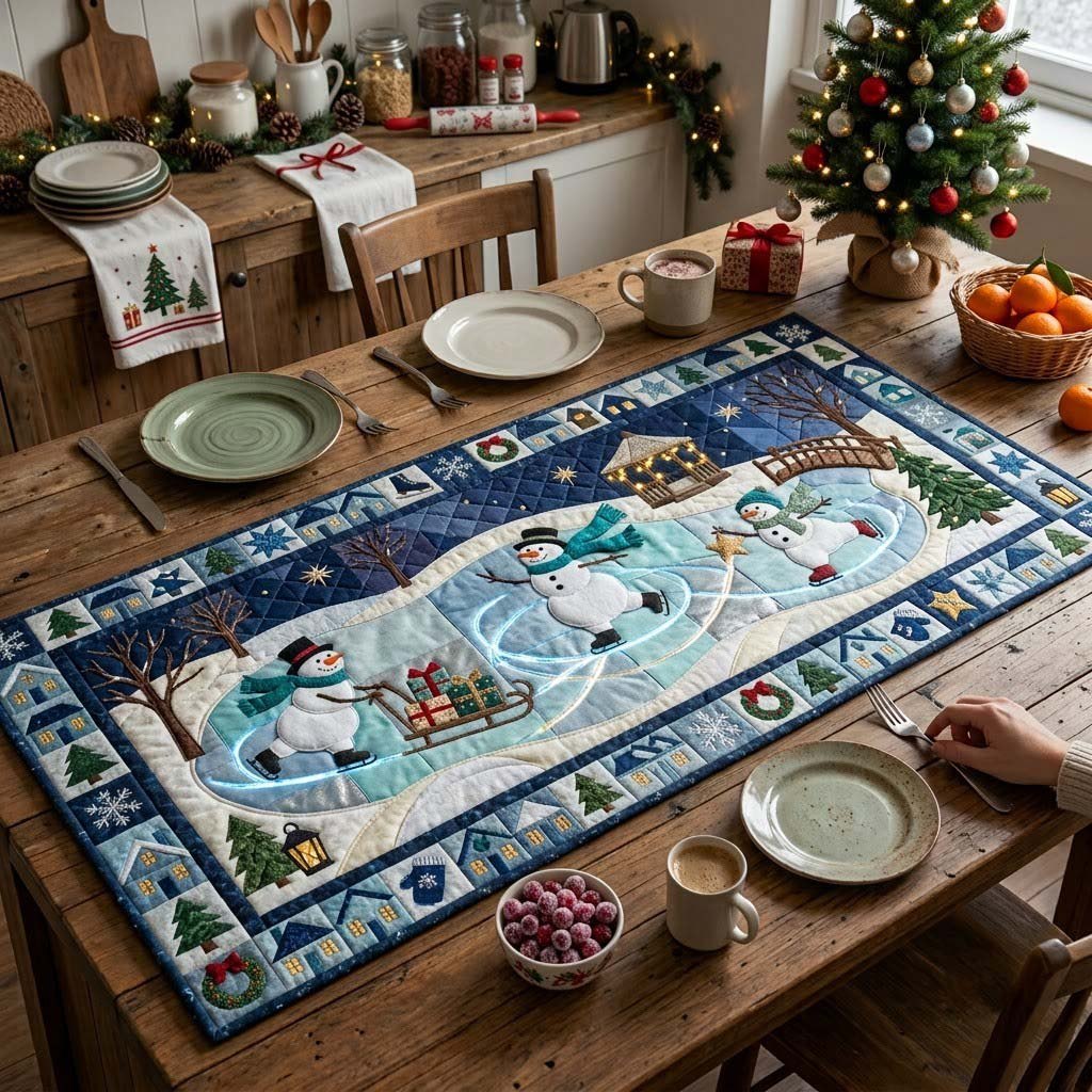Snowmen Ice Skating on a Frozen Pond Table Runner