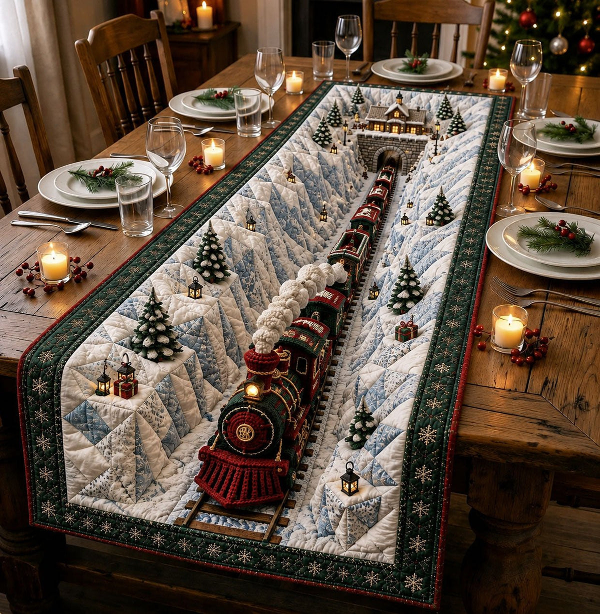 Christmas Mountain Train Table Runner