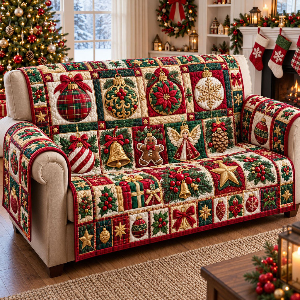 Patchwork Squares Christmas Ornament Sofa Cover