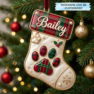 Personalized Christmas Paw Plaid Stocking Name Christmas Ornament with Custom Name