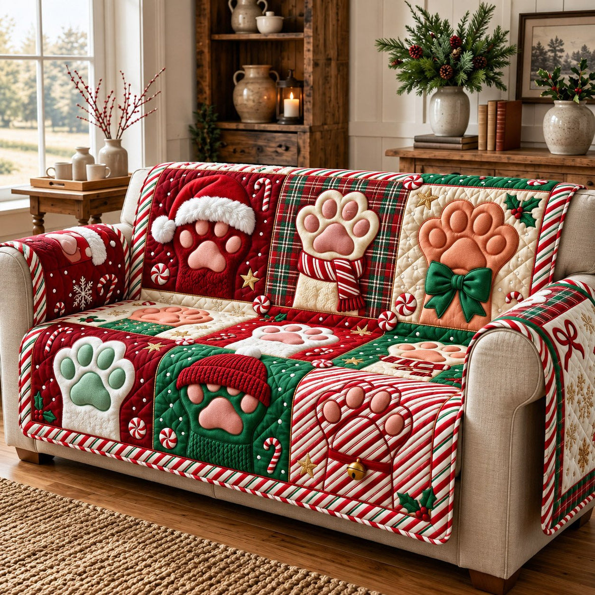 Candy Cane Christmas Paw Sofa Cover