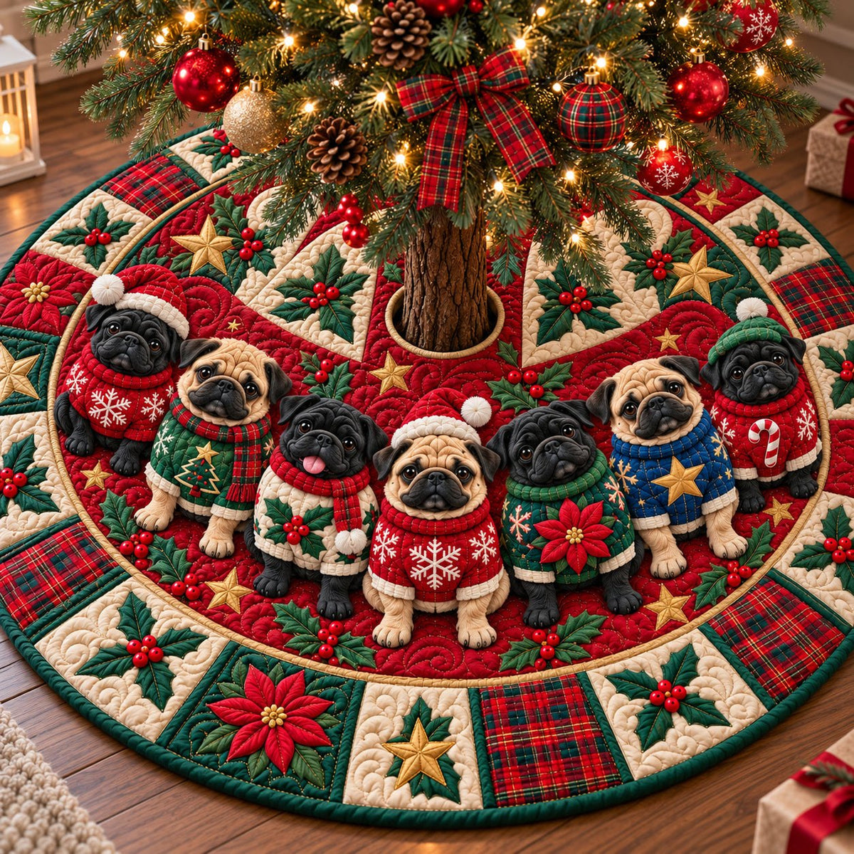 Christmas Pug Joy Christmas Tree Skirt