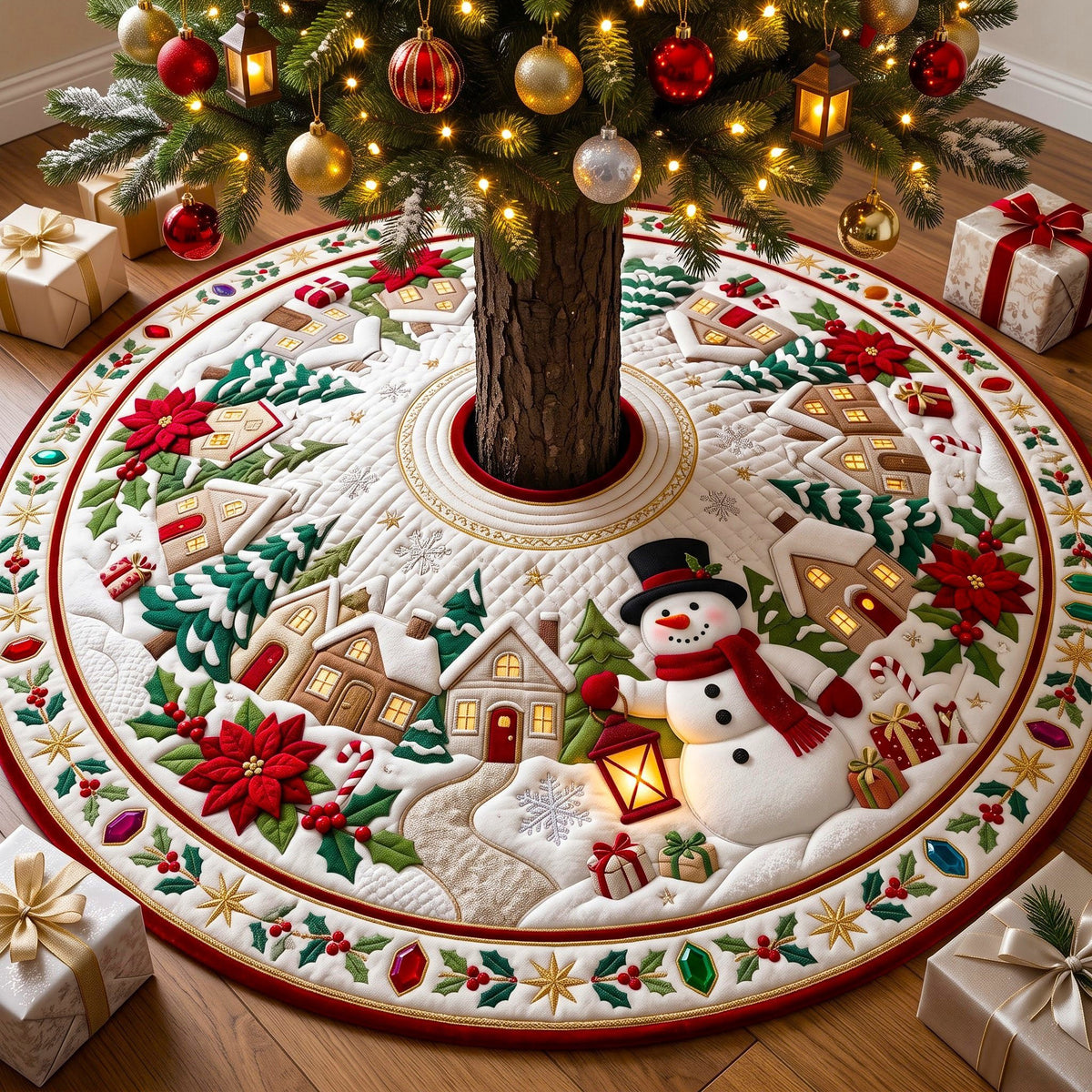 Snowman Cottage Poinsettia Christmas Tree Skirt