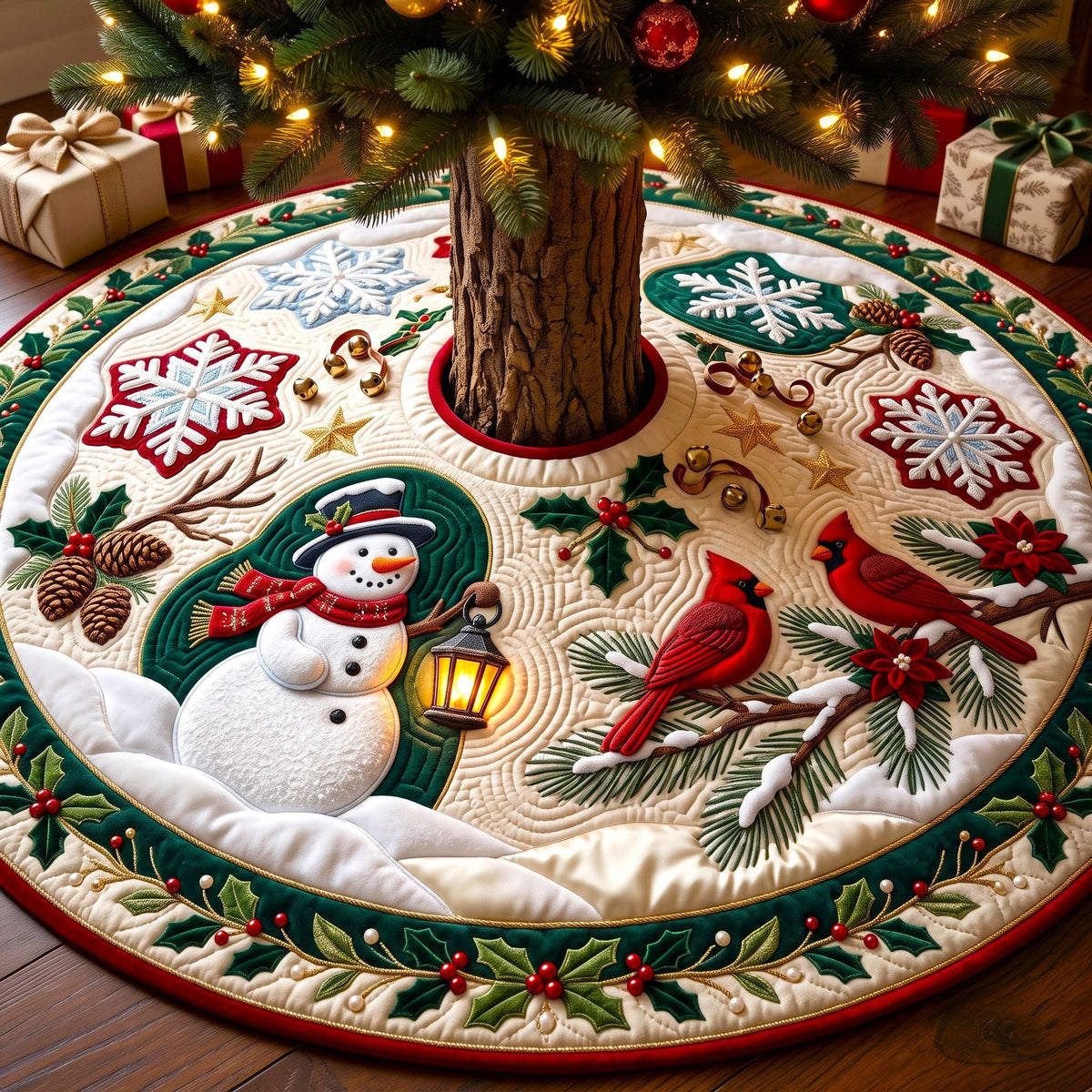 Snowman Cardinal Pine Bough Christmas Tree Skirt