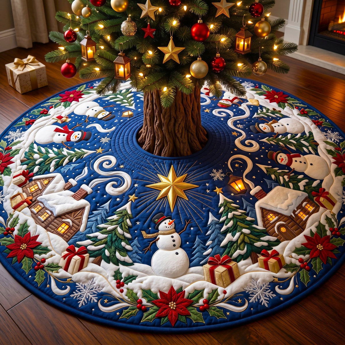 Snowman Star Village Blue Christmas Tree Skirt
