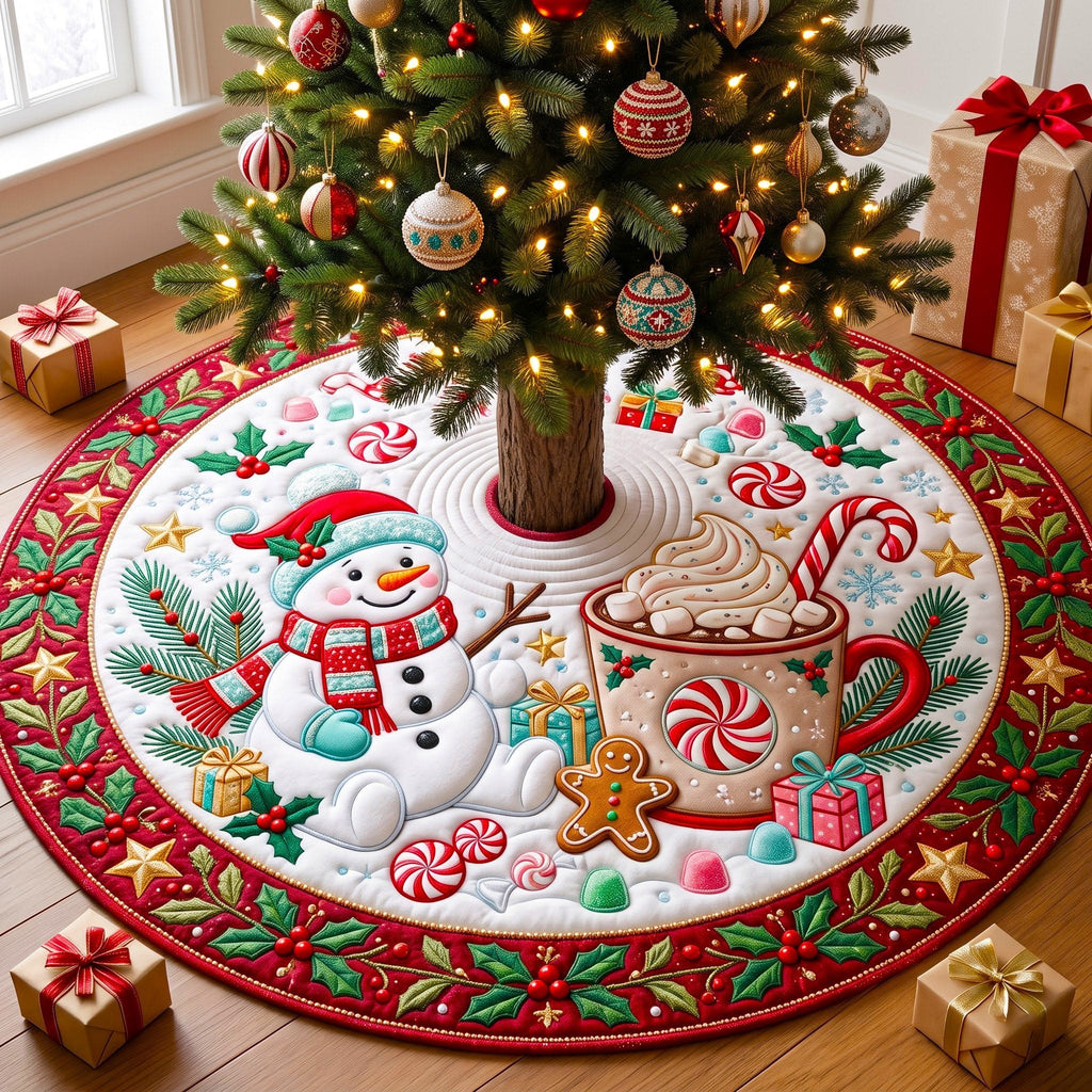 Snowman Cocoa Candy Cane Christmas Tree Skirt