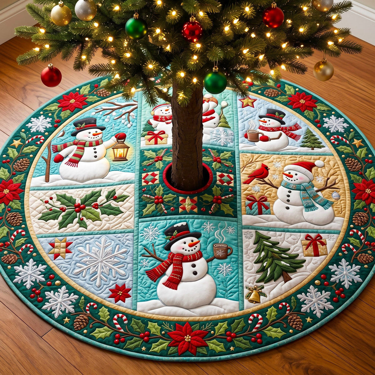 Snowman Teal Patchwork Squares Christmas Tree Skirt