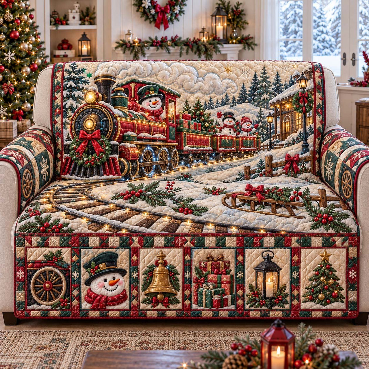 Christmas Snowman Train Sofa Cover