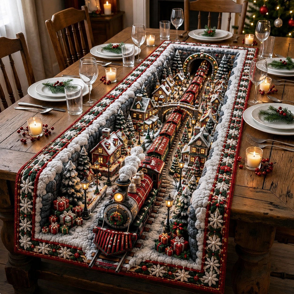 Christmas Village Train at Night Table Runner