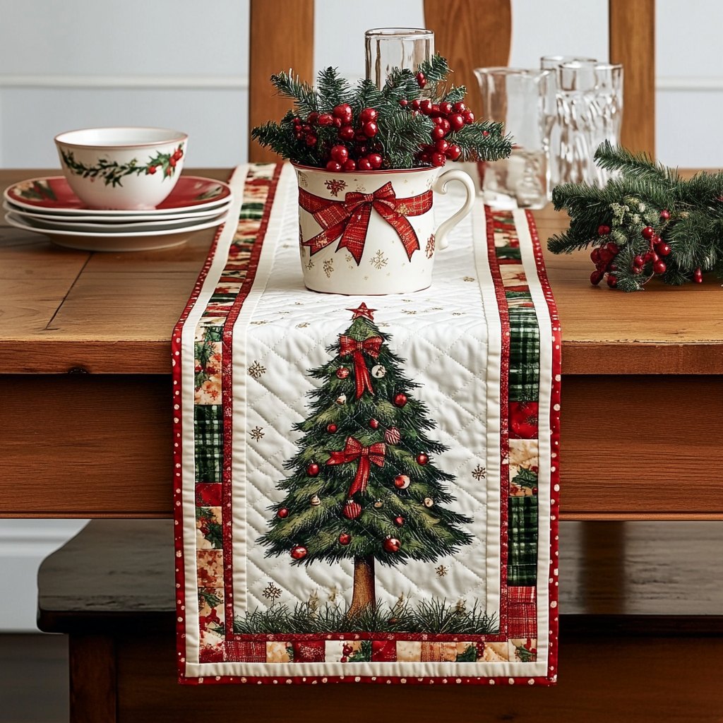 Decorated Tree with Red Bow Table Runner