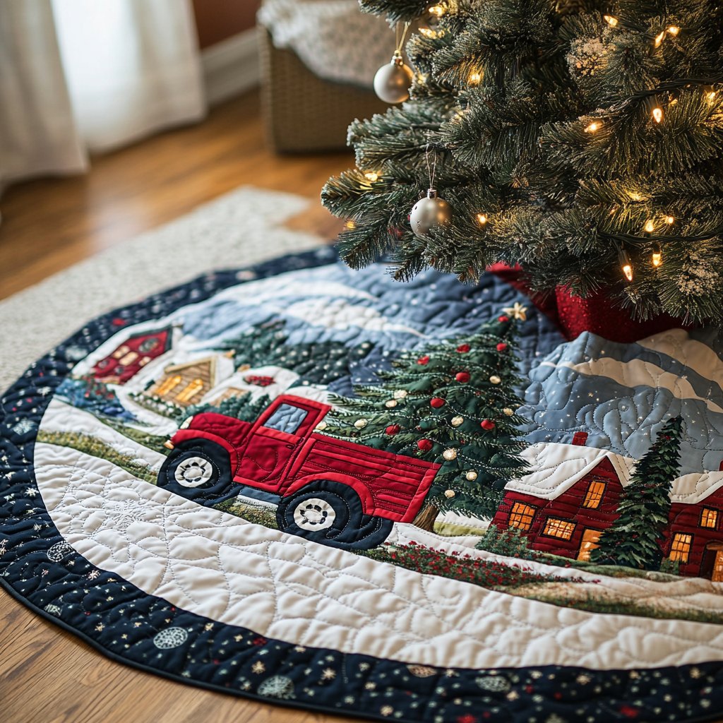 Red Truck in the Snowy Hills Christmas Tree Skirt