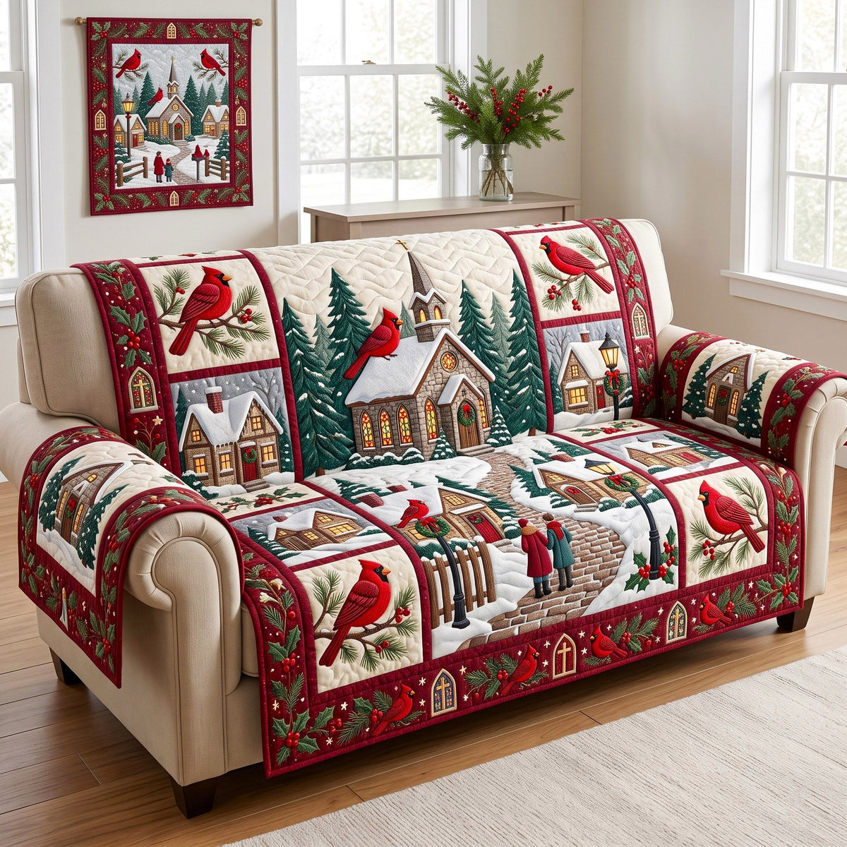 Cardinal Snowy Village Sofa Cover