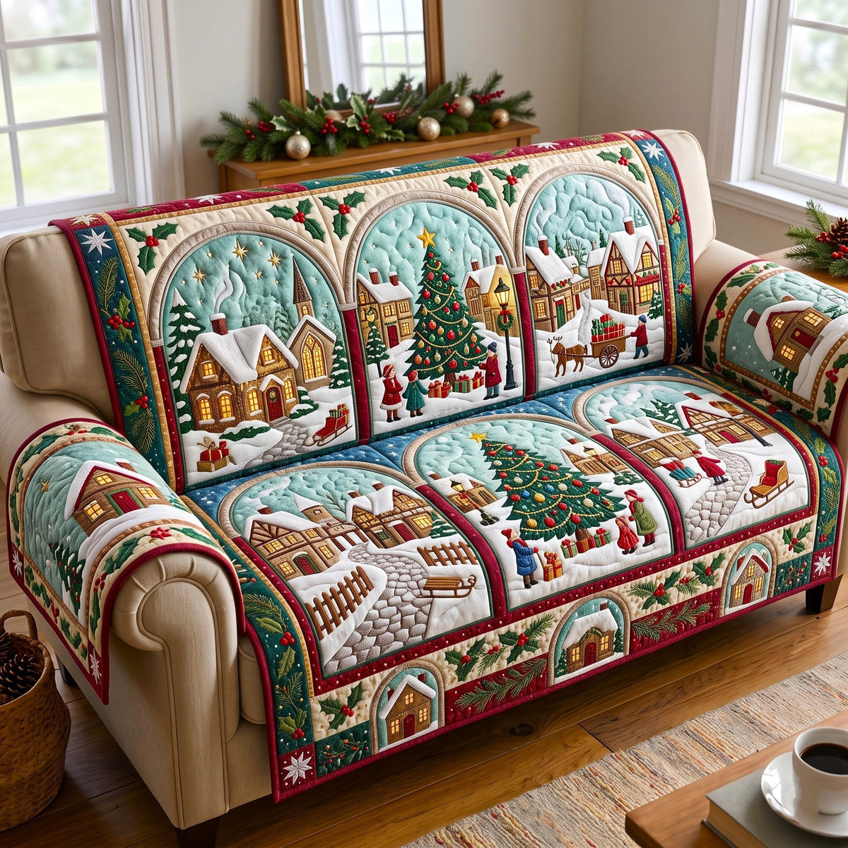 Arched Window Winter Village Sofa Cover