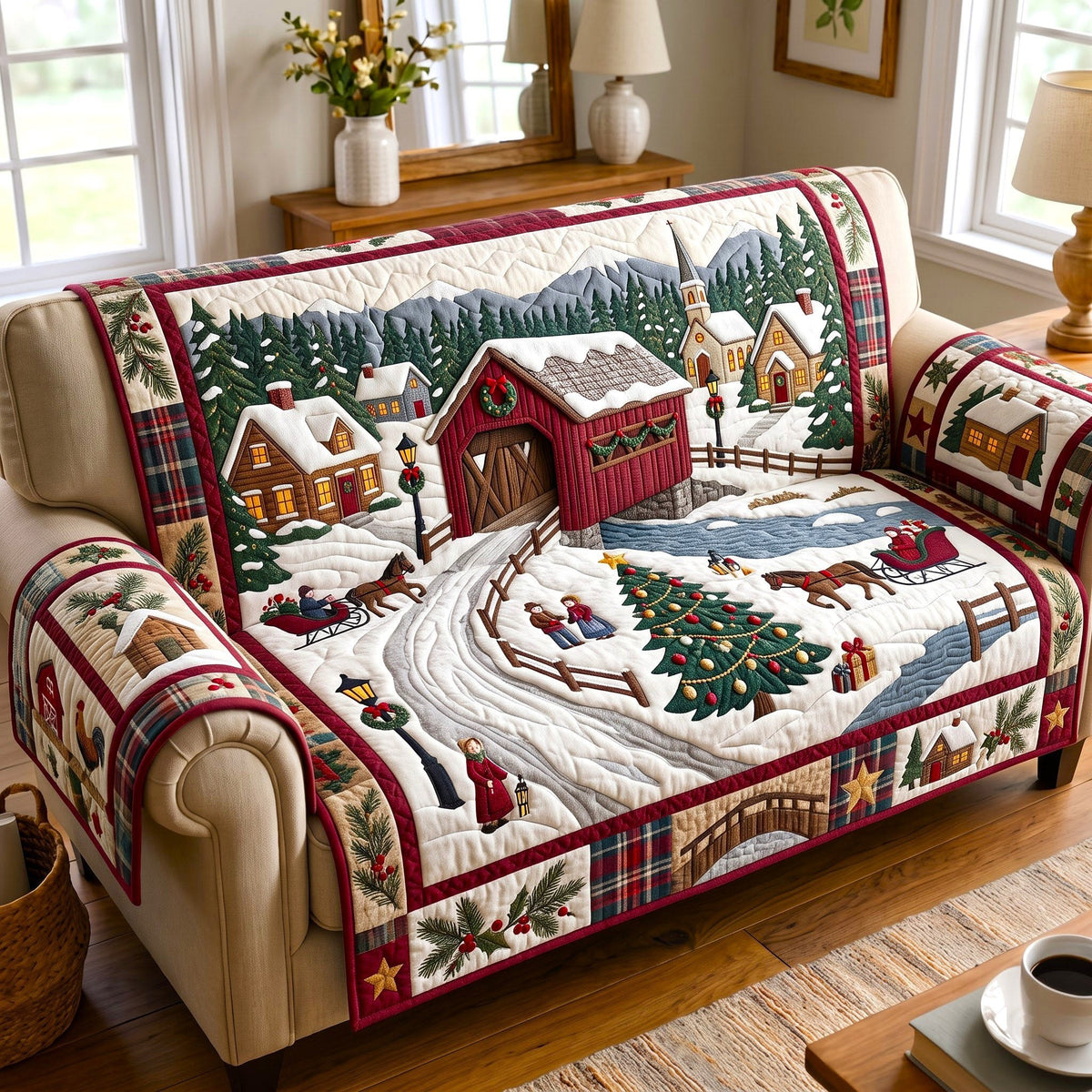 Red Covered Bridge Village Sofa Cover