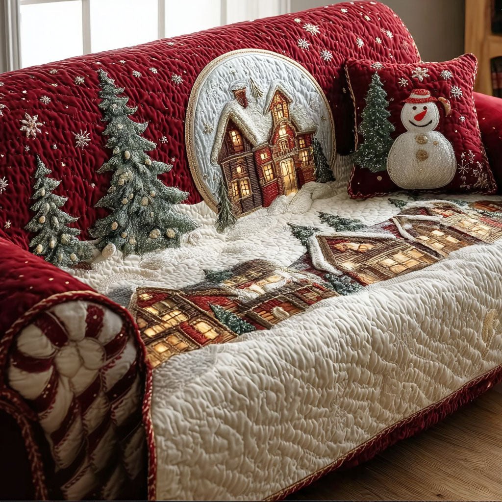 Snowy Village Cottages on Ivory Sofa Cover