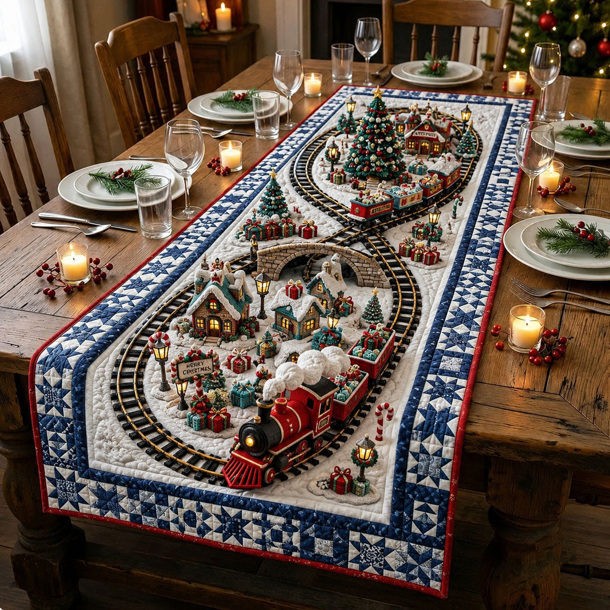 Christmas Village Train Table Runner