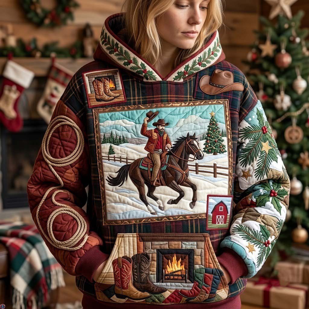 Snowy Barn Cowboy Ride hoodie, all-over print