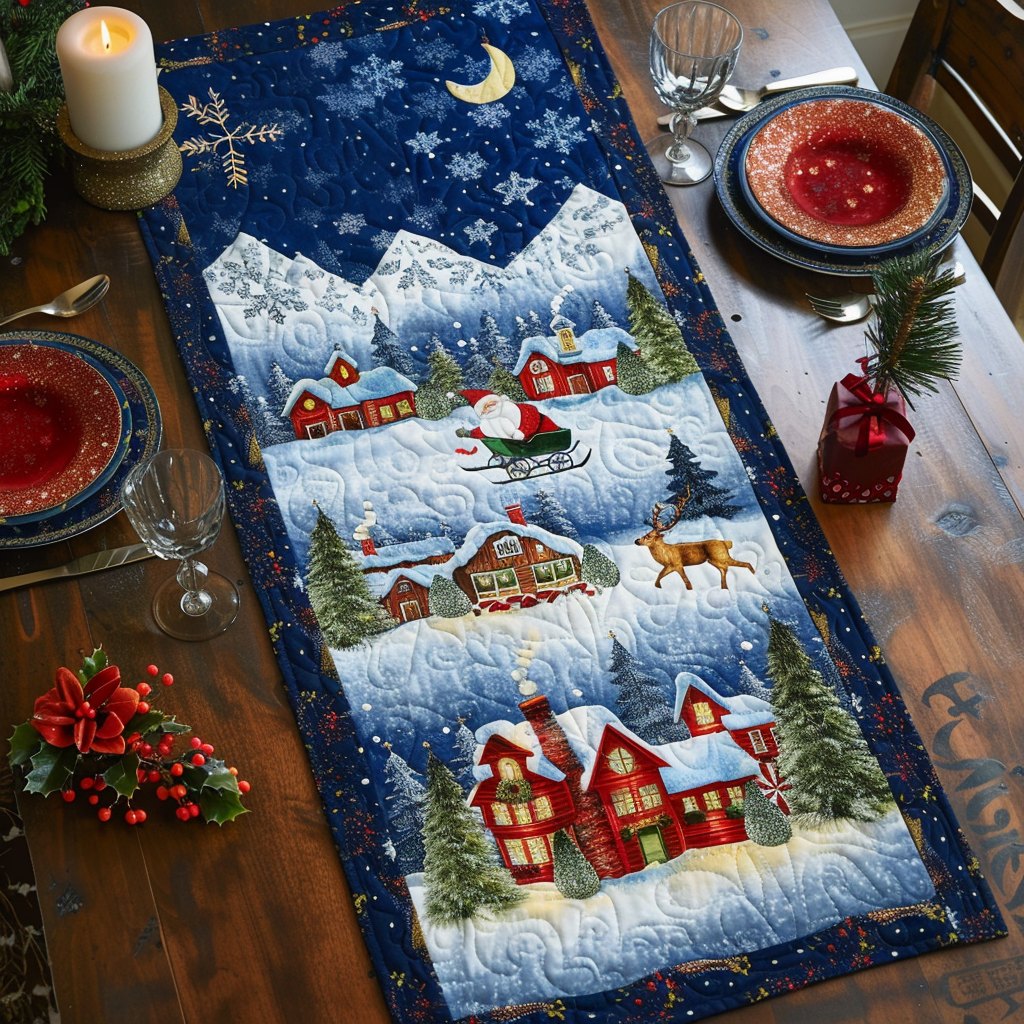 Snowy Village with Red Cottages Table Runner