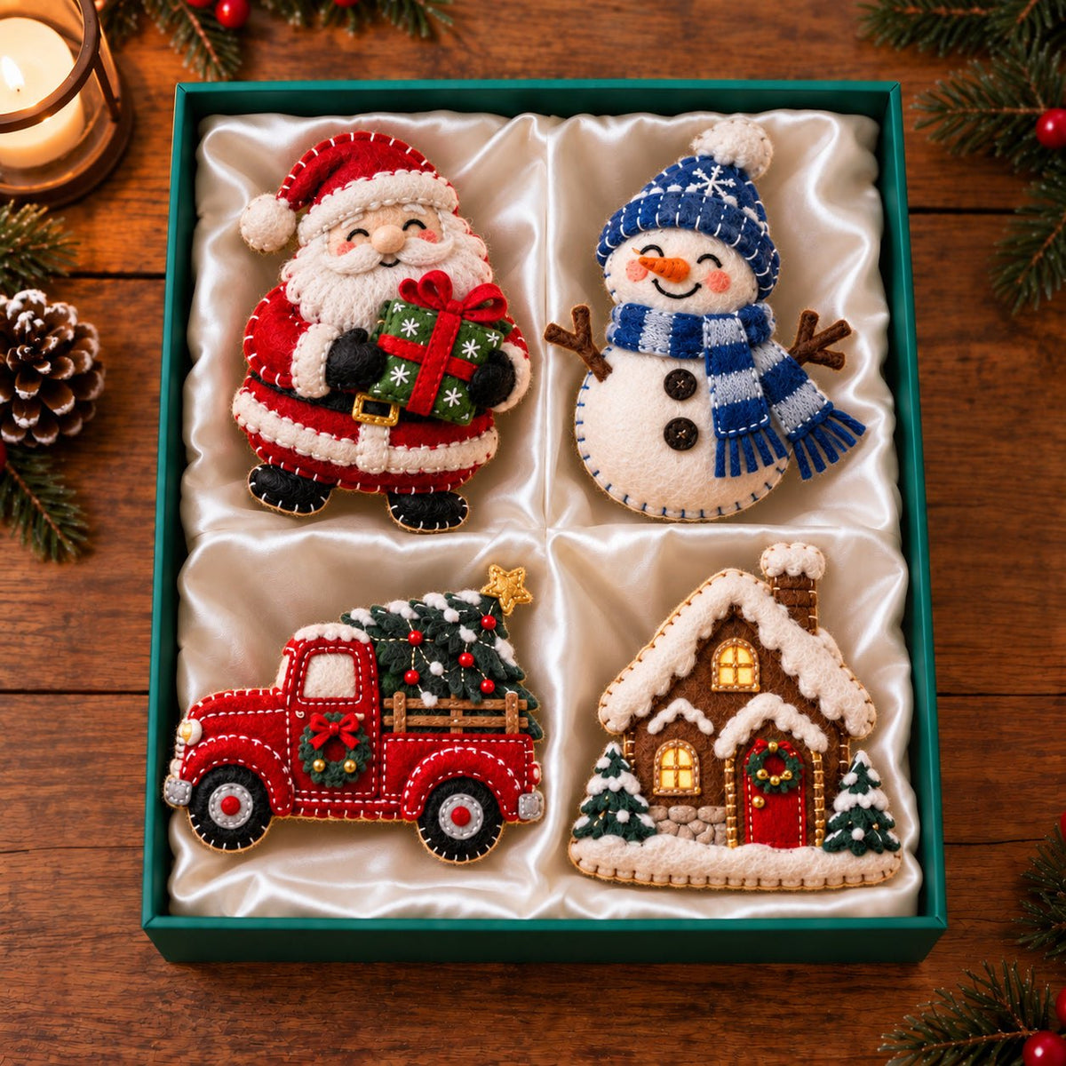 Santa Snowman Truck Classic Christmas Ornament Gift Set