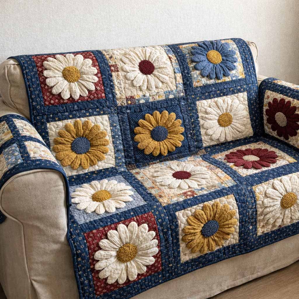 Sunflower and Daisy Blocks on Navy Sofa Cover