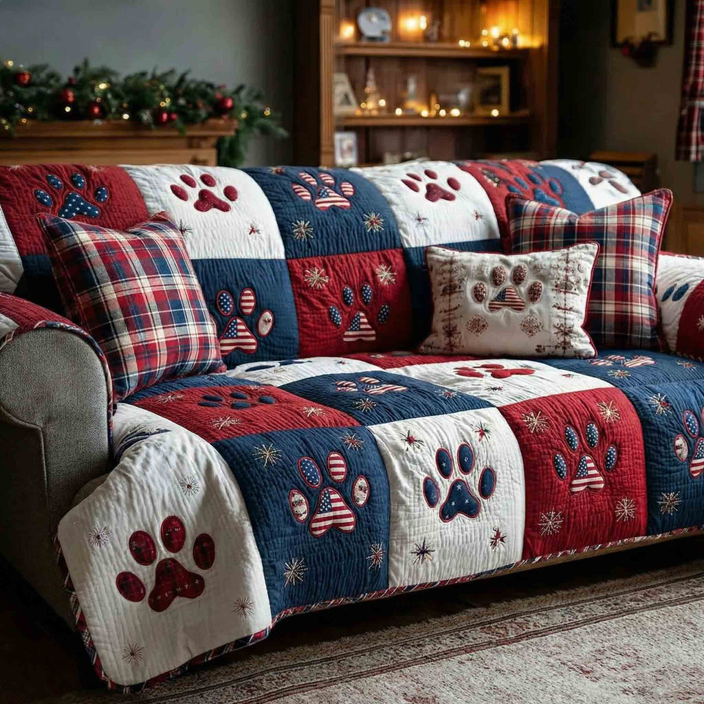 Patriotic Paw Prints in Red and Blue Sofa Cover