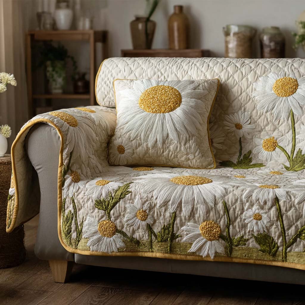 White Daisies on Ivory Quilt Sofa Cover