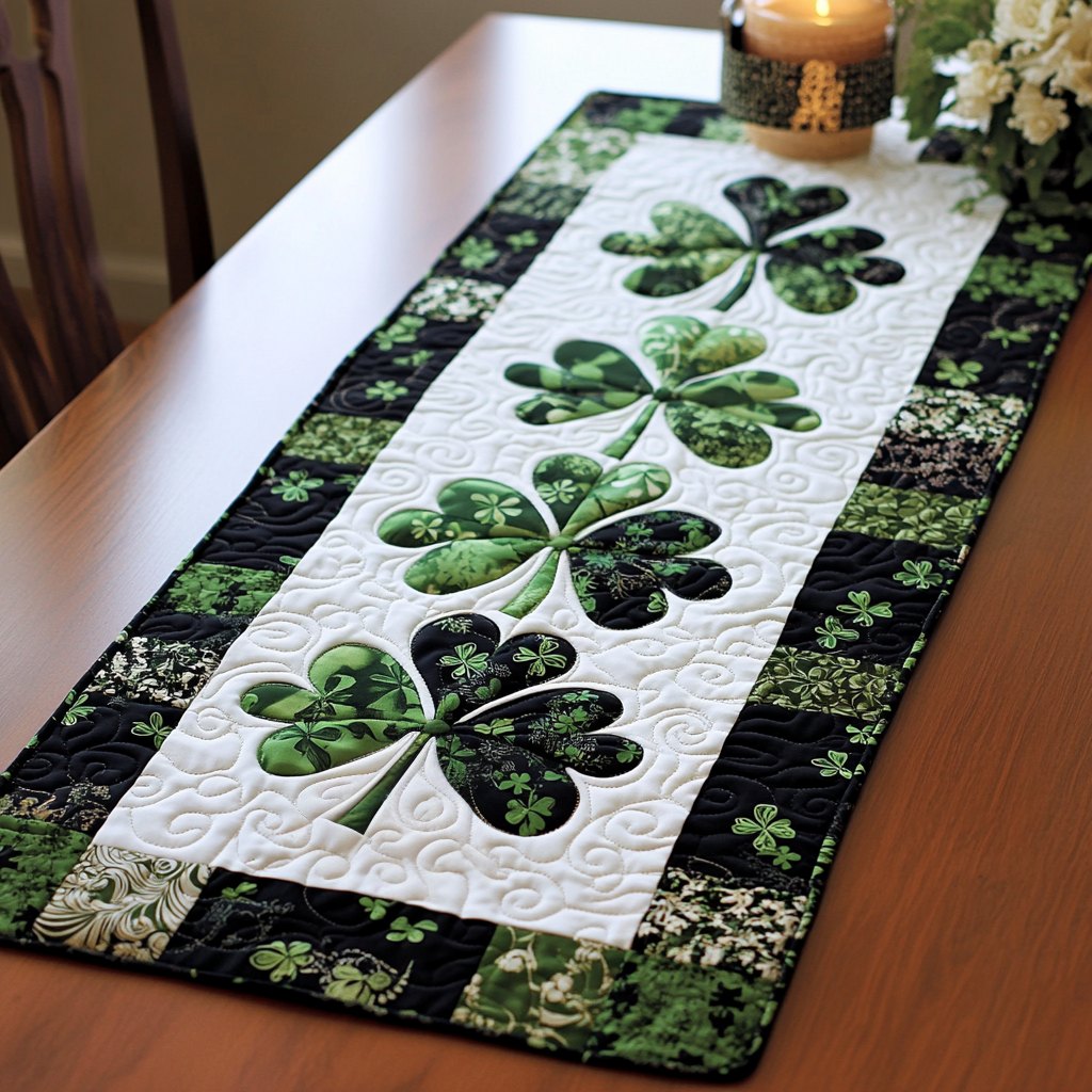 Shamrocks on White with Black Border Table Runner