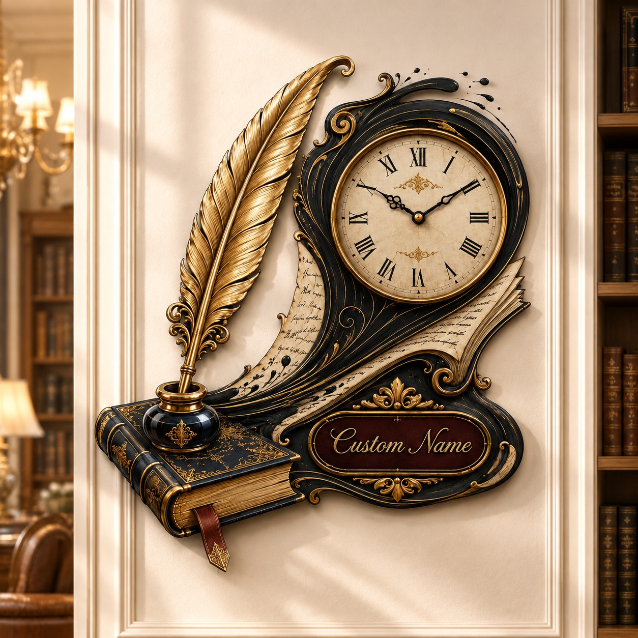 Custom Name Book and Quill Wall Clock — personalized with a custom name