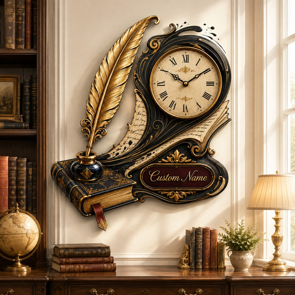 Custom Name Book and Quill Wall Clock — personalized with a custom name