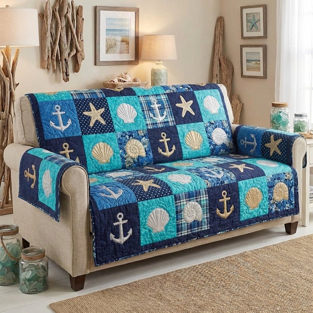 Anchors and Shells on Navy Squares Sofa Cover