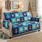 Anchors and Shells on Navy Squares Sofa Cover