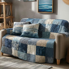 Faded Denim Patchwork Checks Sofa Cover