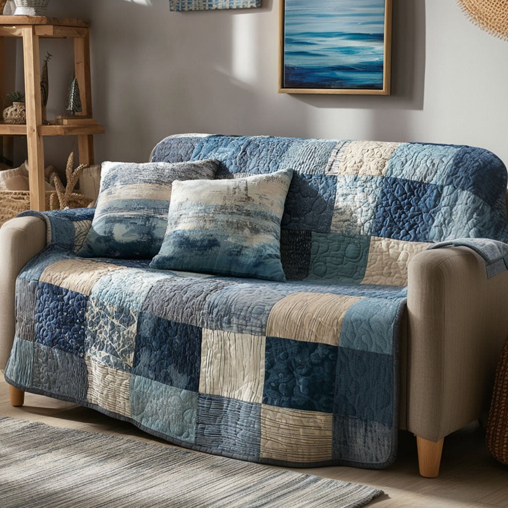 Faded Denim Patchwork Checks Sofa Cover