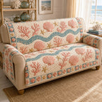 Coral and Seashells in Peach Waves Sofa Cover