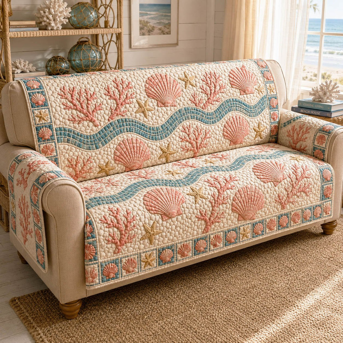 Coral and Seashells in Peach Waves Sofa Cover