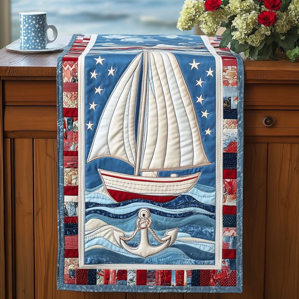 Sailboat and Anchor on Flag Stripes Table Runner
