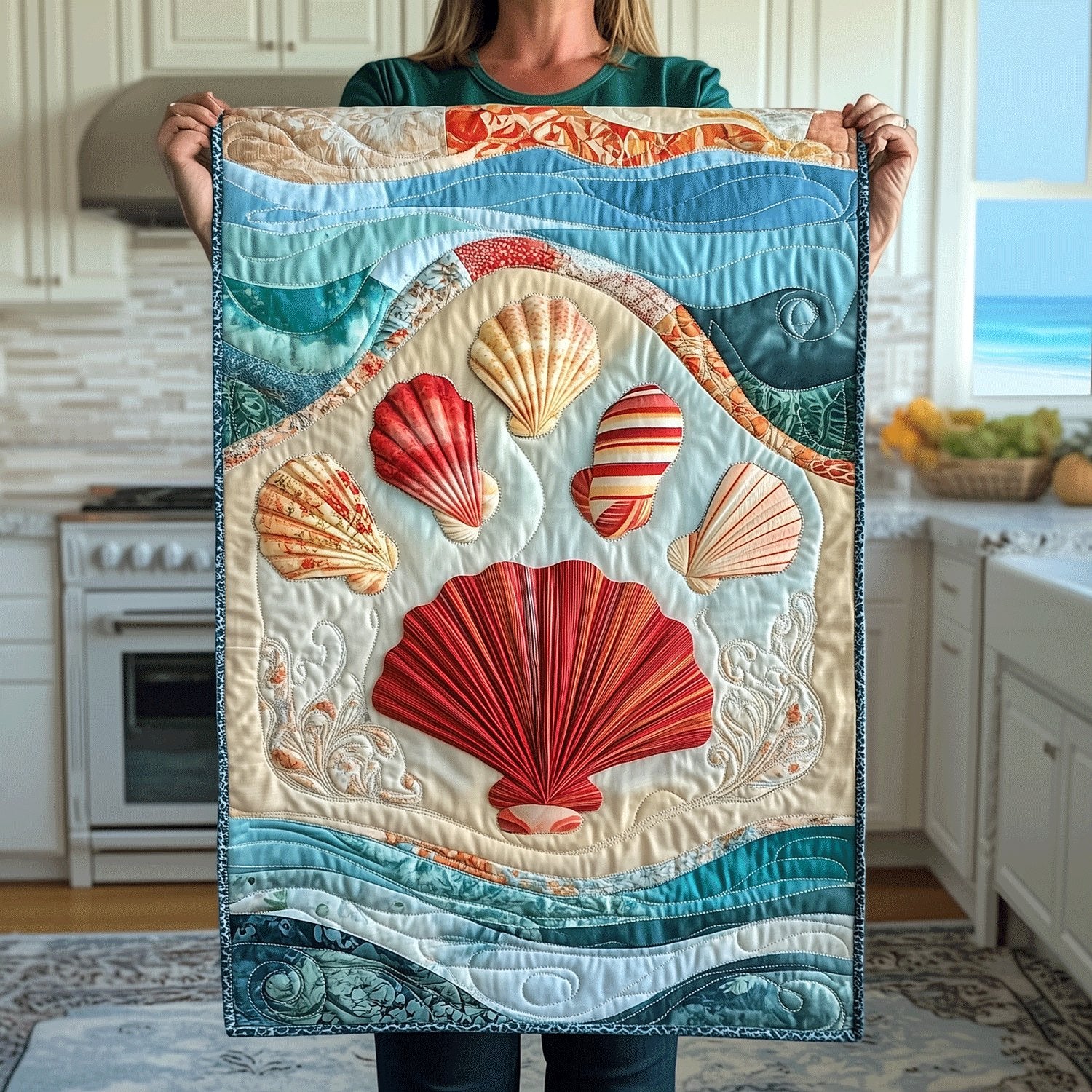 Red Scallop Shell on Teal Table Runner