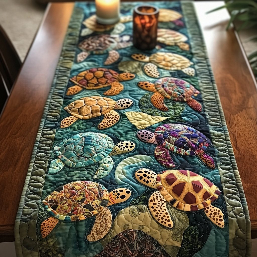Sea Turtles in Green and Brown Table Runner