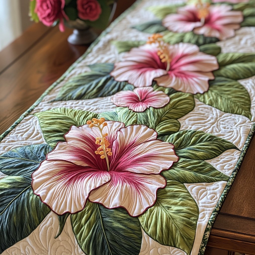 Coastal Charm Pink Hibiscus with Broad Leaves Table Runner