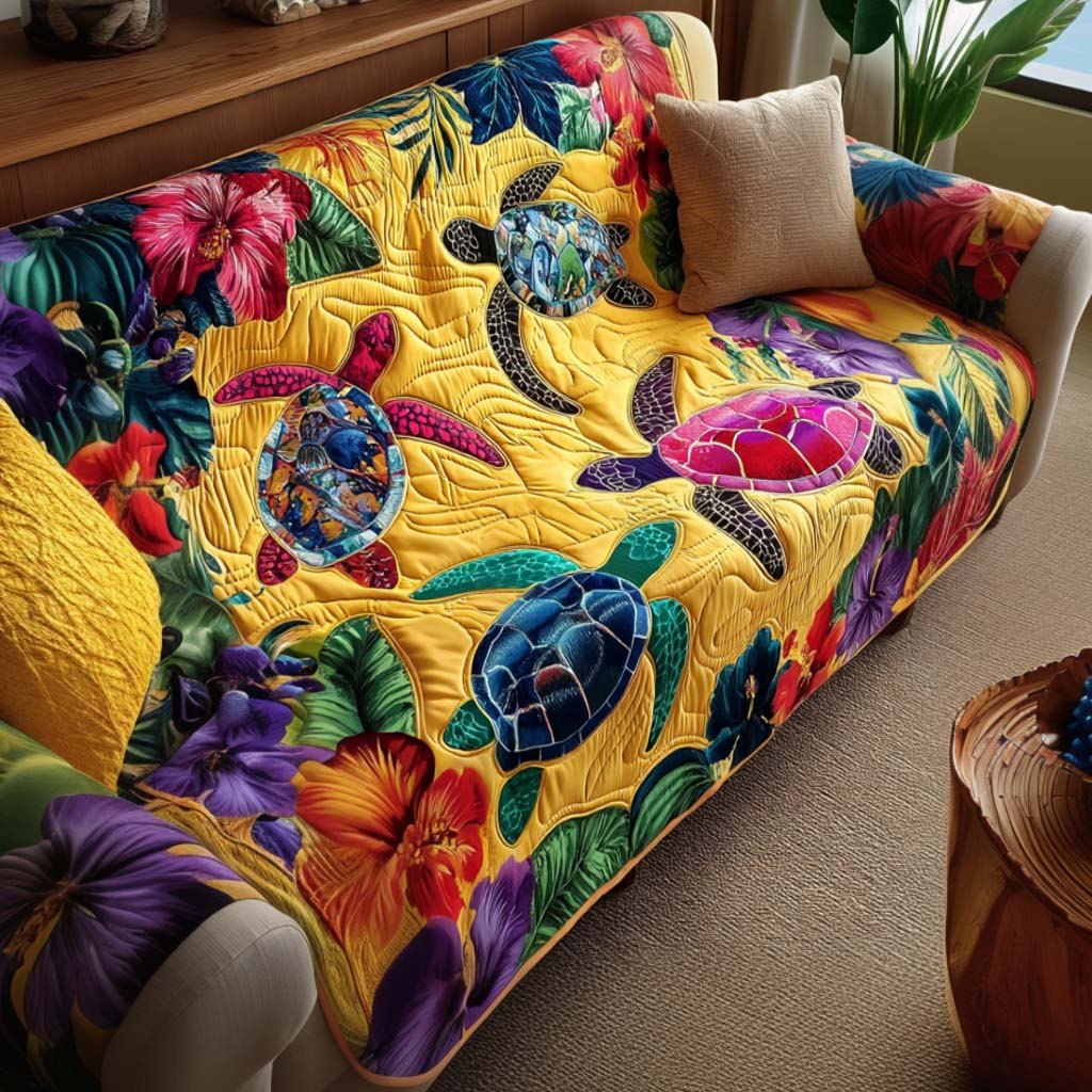 Bright Turtles on Yellow Hibiscus Sofa Cover