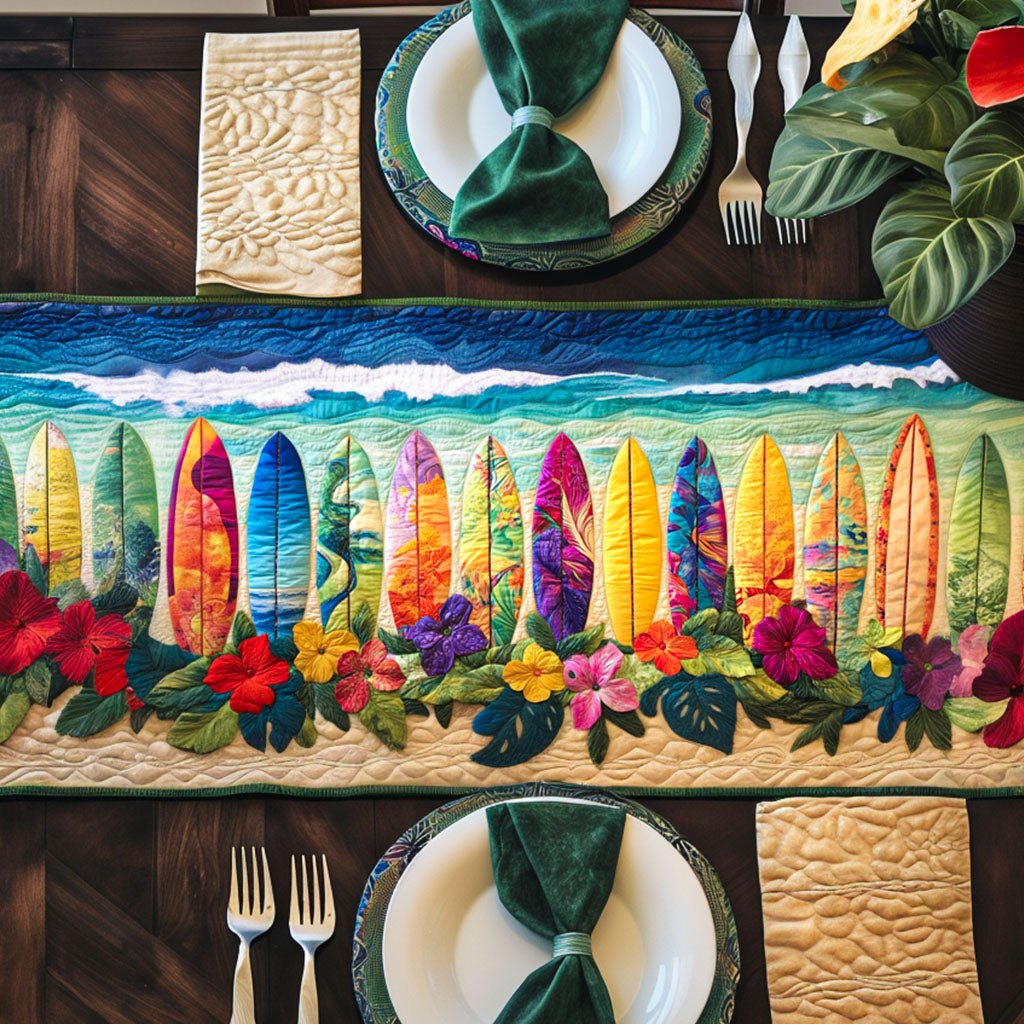 Colorful Surfboards on the Beach Table Runner