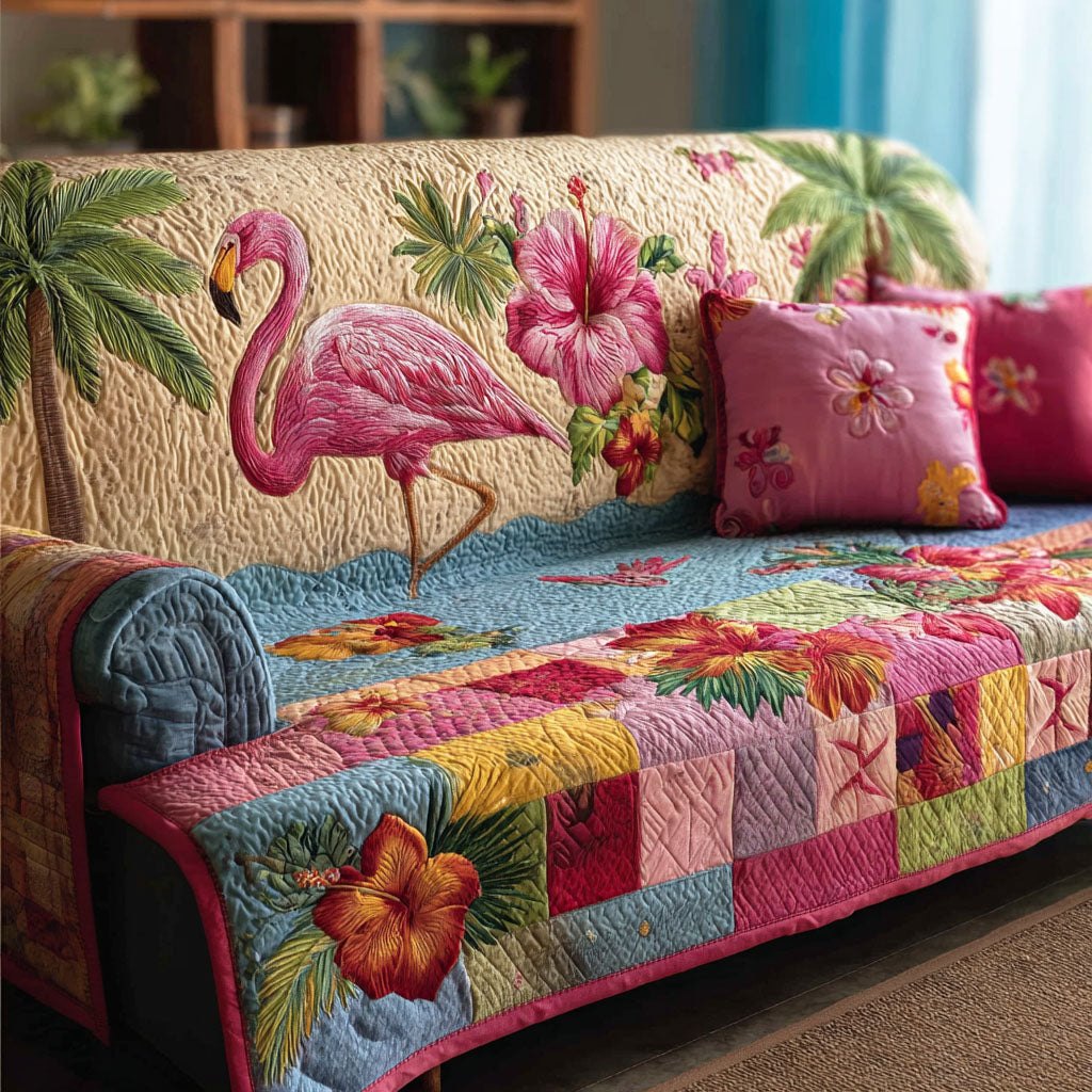 Flamingo Among Tropical Blooms Sofa Cover