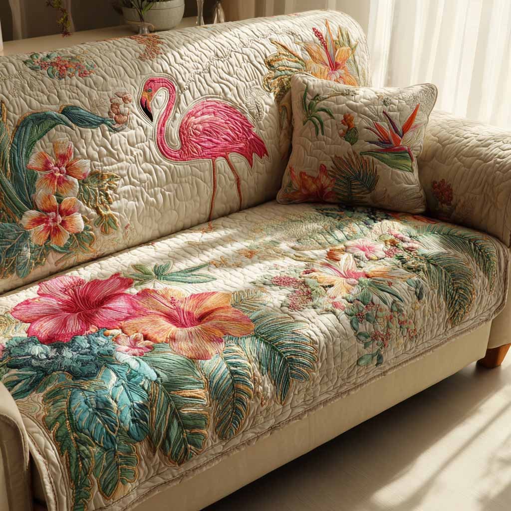 Pastel Hibiscus and Palm Leaves Sofa Cover
