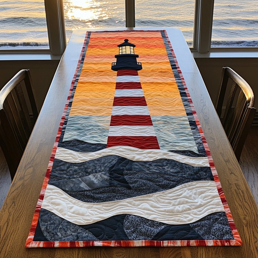 Red Striped Lighthouse Over Waves Table Runner