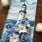 Lighthouse with Blue and White Blooms Table Runner